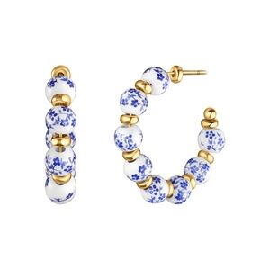 Elegant Gold and Blue Floral Hoop Earrings